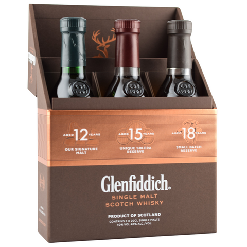 Glenfiddich Trio Gift Pack 12 Year, 15 Year, and 18 Year Old Whiskies 200ml